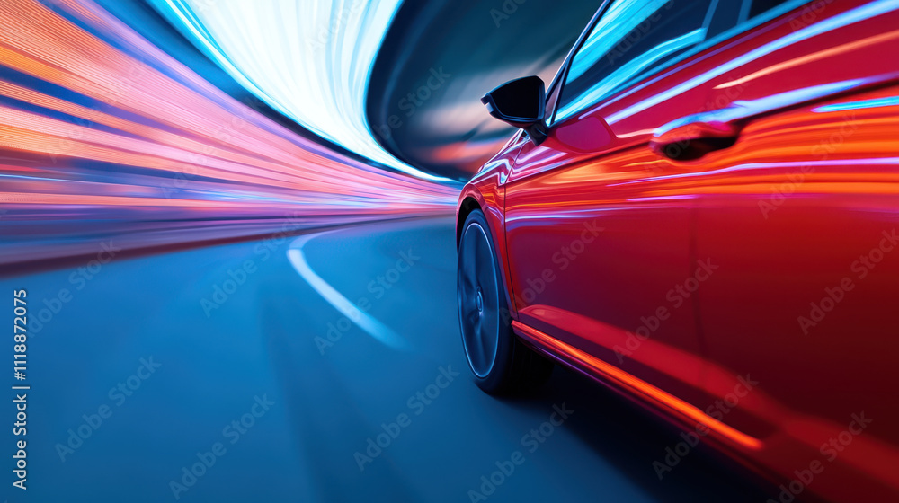 Futuristic car with neon accents speeding through vibrant tunnel, showcasing dynamic motion and energy. bright lights create exhilarating atmosphere Futuristic car with neon accents speeding through vibrant tunnel, showcasing dynamic motion and energy. bright lights create exhilarating atmosphere