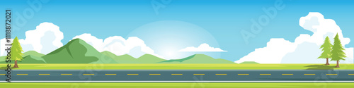 Horizontal or landscape of smooth asphalt road. On the wide grassland. There were grasses and tree of pine growing on both sides. Softe color of mountain and blue sky with white clouds.