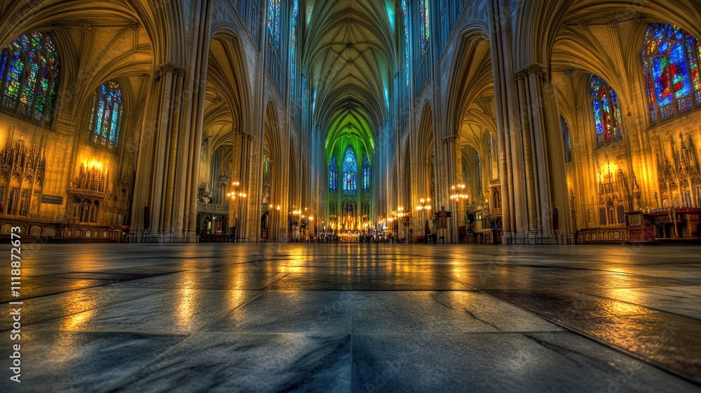 Majestic cathedral interior, showcasing intricate architecture, stained glass windows, and a gleaming marble floor. Majestic cathedral interior, showcasing intricate architecture, stained glass windows, and a gleaming marble floor.