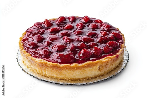 Table with homemade dessert. Classic baked Cheesecake with a strawberry topping sauce directly above. Close up side view isolated on white background