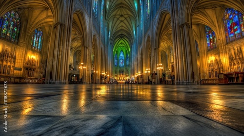 Majestic cathedral interior, showcasing intricate architecture, stained glass windows, and a gleaming marble floor.