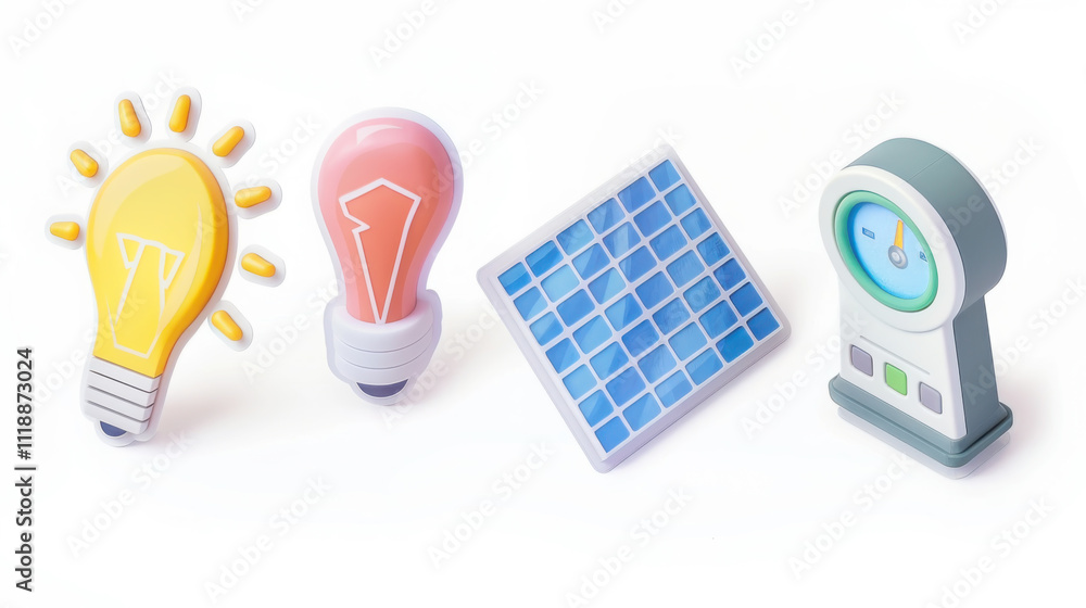 Set of colorful energy-themed stickers featuring light bulbs, solar panel, and energy meter Set of colorful energy-themed stickers featuring light bulbs, solar panel, and energy meter