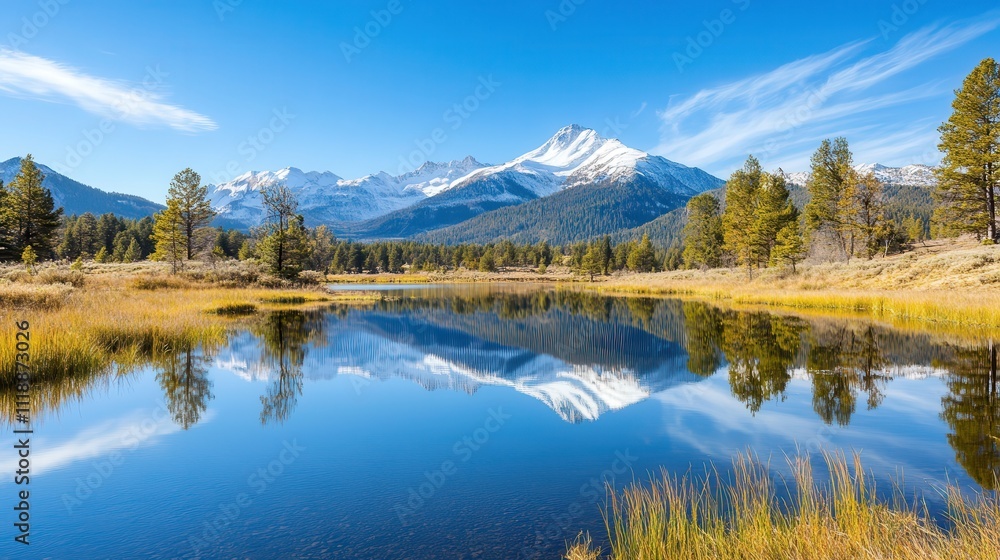 Serene Mountain View with Snowy Peaks and Calm Lake Reflection Serene Mountain View with Snowy Peaks and Calm Lake Reflection