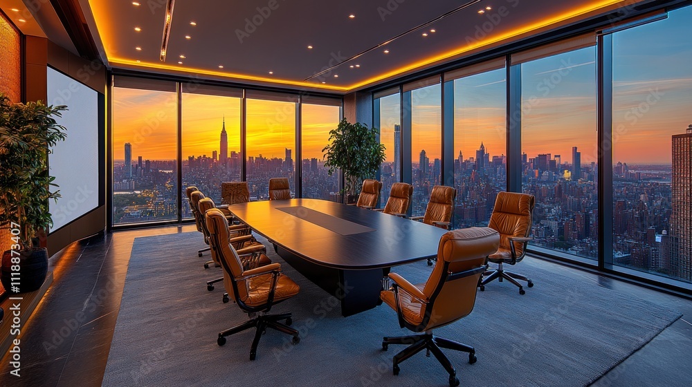 Modern boardroom with city skyline sunset view. Modern boardroom with city skyline sunset view.