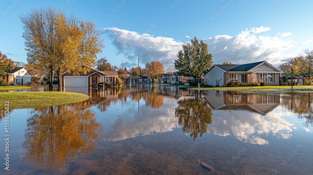 Fototapeta premium Suburban street flooded with autumnal reflections in calm water.