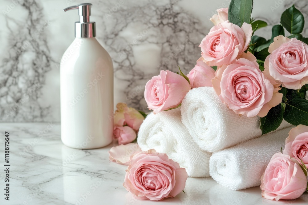 Spa essentials with white bottle, towels, and pink roses Spa essentials with white bottle, towels, and pink roses