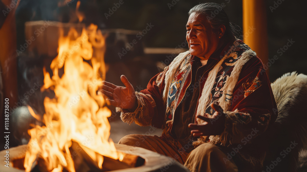 storyteller shares ancient legends by warm fire, creating captivating atmosphere. flames dance as he gestures, embodying spirit of tradition and connection storyteller shares ancient legends by warm fire, creating captivating atmosphere. flames dance as he gestures, embodying spirit of tradition and connection