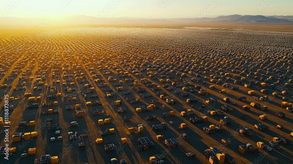 Fototapeta premium Aerial view of a vast desert landscape filled with numerous yellow containers at sunset.