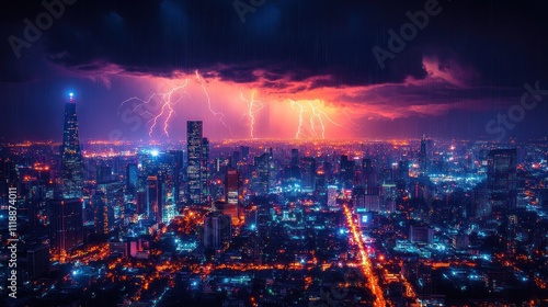 Wallpaper Mural Dramatic lightning storm over vibrant cityscape at night. Torontodigital.ca