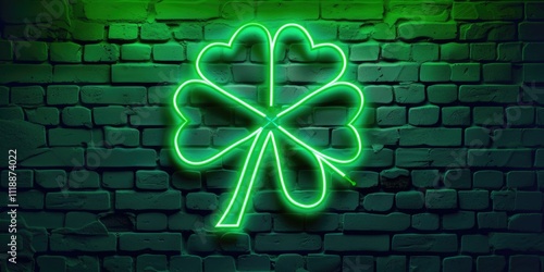 Lit up four-leaf clover on a dark brick wall, symbolizing St Patrick's Day and Irish celebrations. photo