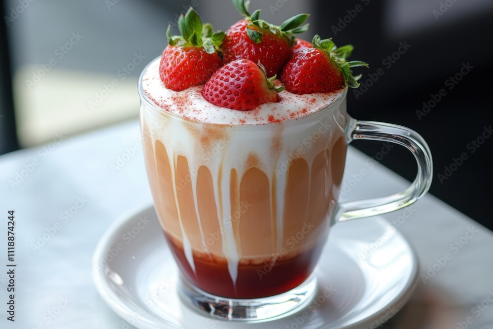 Strawberry latte with foam art and fresh strawberries Strawberry latte with foam art and fresh strawberries