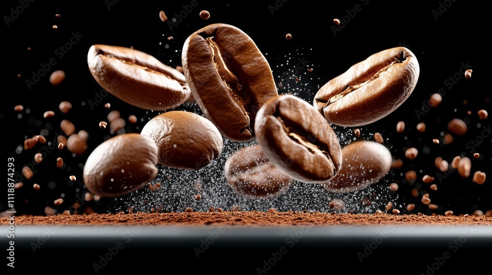 Coffee beans floating above ground with a burst of aroma in a dark setting Coffee beans floating above ground with a burst of aroma in a dark setting