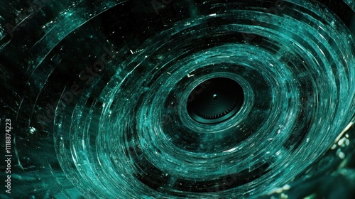 Abstract teal concentric circles resembling a fractured eye or portal.