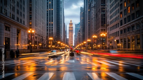 City street at dusk with light trails and tall buildings.