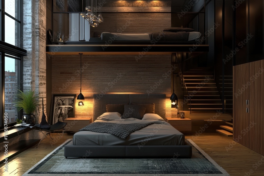 Stylish Modern Bedroom with Lofted Bed Stylish Modern Bedroom with Lofted Bed