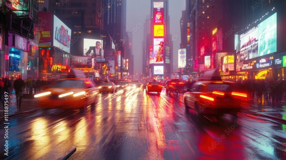 Rainy night in Times Square, NYC, with blurred traffic and bright lights reflecting on wet streets. Rainy night in Times Square, NYC, with blurred traffic and bright lights reflecting on wet streets.