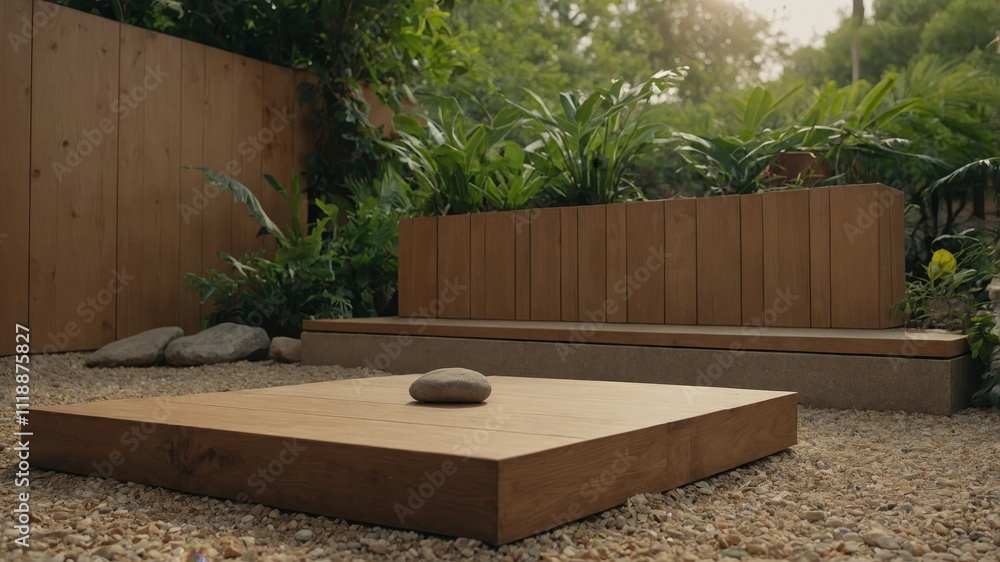 Wooden podium with green foliage and stones Wooden podium with green foliage and stones
