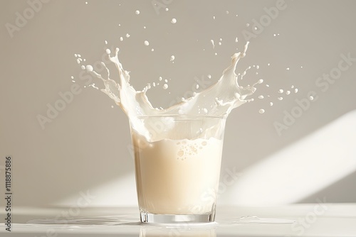 white milk splashing out of glass front view isolated on white with clipping path 