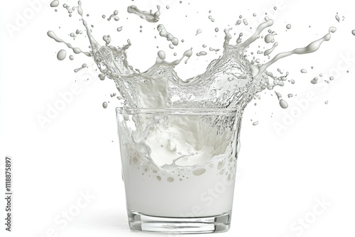 white milk splashing out of glass front view isolated on white with clipping path 