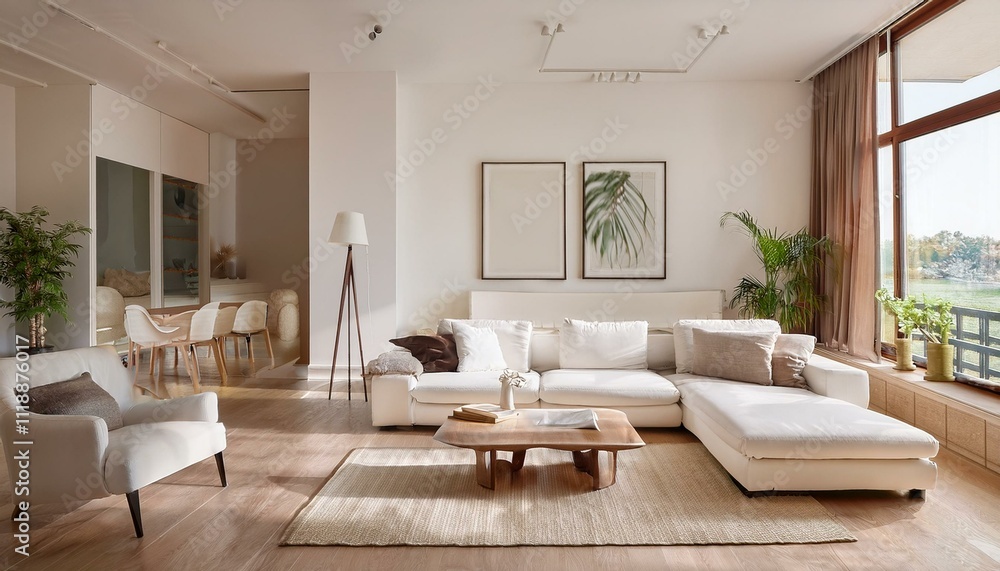 Fototapeta premium Adding texture to your white and neutral living room decor for a cozy and inviting atmosphere