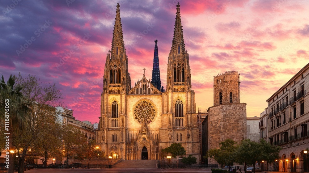 Fototapeta premium Majestic Gothic church at sunset, surrounded by city buildings.