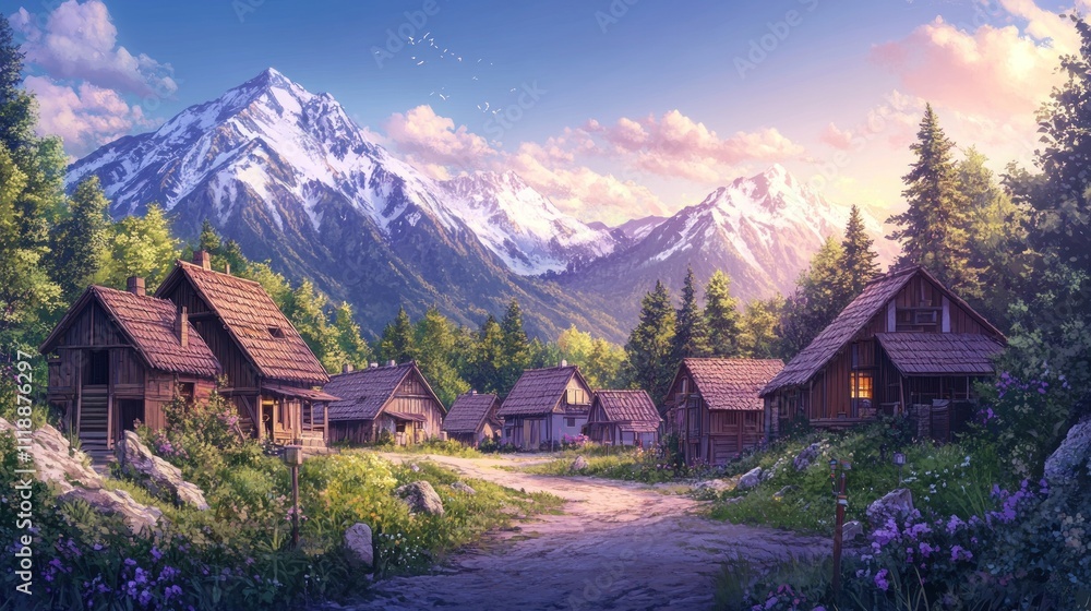 Obraz premium Idyllic mountain village at sunrise, nestled in a valley with wooden houses, lush greenery, and snow-capped peaks.