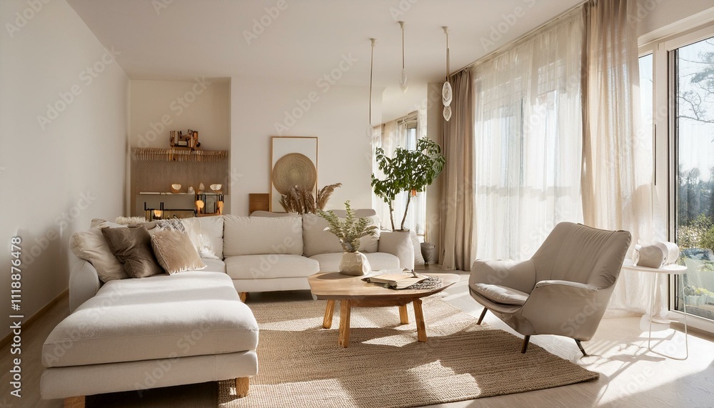 Fototapeta premium Choosing the Right Curtains for White and Neutral Living Room