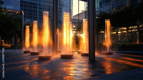 Modern urban fountain at sunset, illuminated water jets.