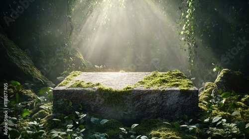 Mossy stone platform in a mystical forest, sun rays illuminating the scene.