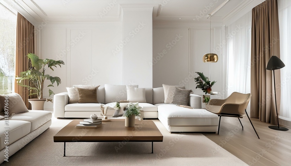 Fototapeta premium Incorporating Geometric Patterns in White and Neutral Living Room Design