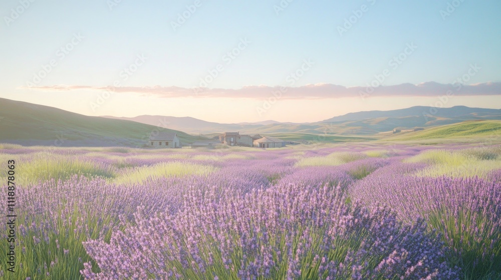 Fototapeta premium Tranquil Lavender Fields at Sunrise: A Serene Tuscan Landscape