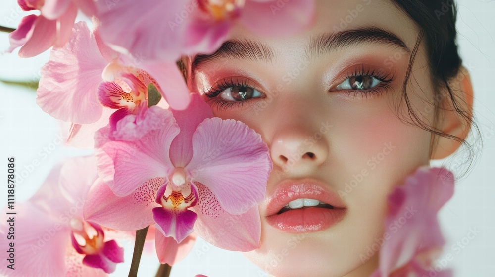 Beautiful Woman with Pink Orchids Beautiful Woman with Pink Orchids