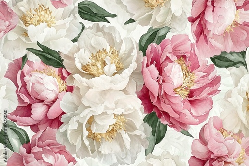 Fototapeta Naklejka Na Ścianę i Meble -  Beautiful arrangement of pink and white peonies with lush green leaves on a soft background, perfect for spring and floral themes.