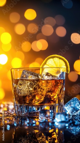 Whiskey Drink Garnished With Lemon And Ice Cubes