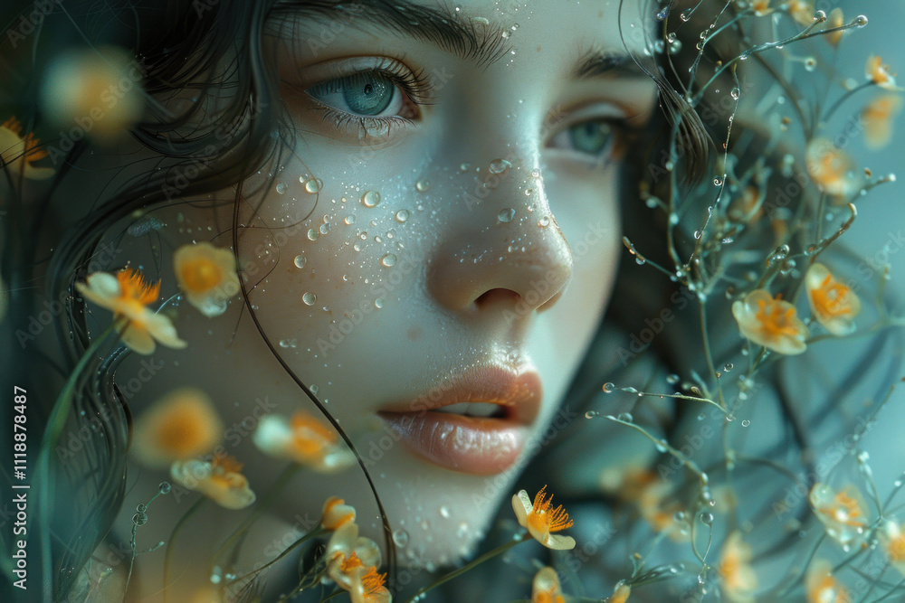 close-up of a woman's face surrounded by flowers and drops of water. close-up of a woman's face surrounded by flowers and drops of water.