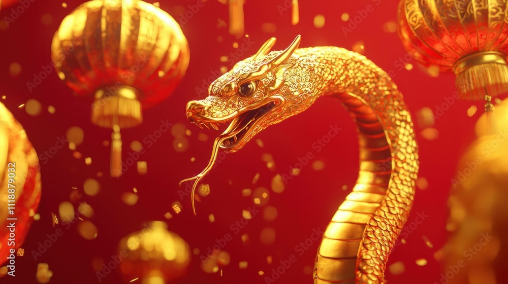 Fototapeta premium Glorious golden dragon surrounded by traditional red lanterns and festive decorations, symbolizing prosperity and good fortune. Celebration and cultural heritage theme.