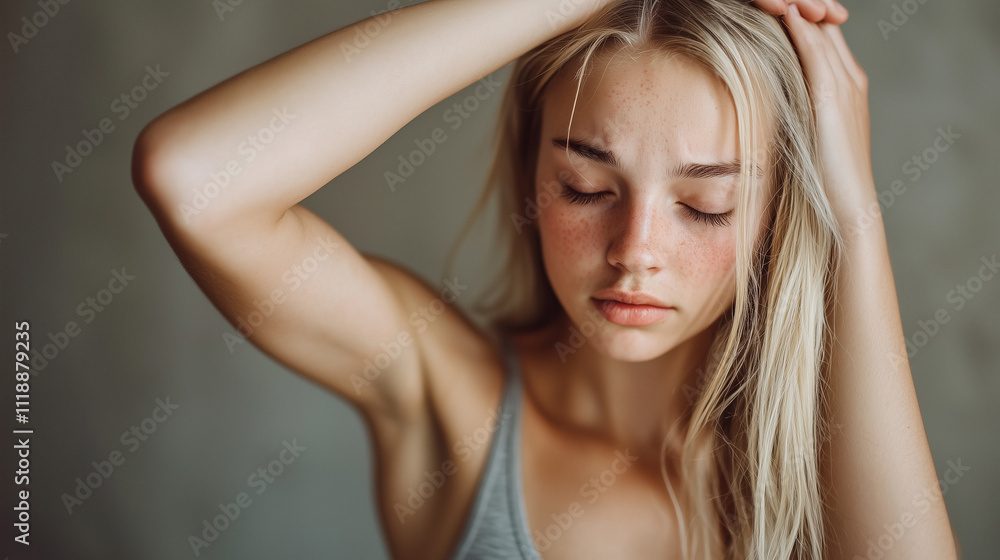 A young blonde dancer, exhausted from a grueling rehearsal, takes a quiet moment to rest and regain her composure A young blonde dancer, exhausted from a grueling rehearsal, takes a quiet moment to rest and regain her composure