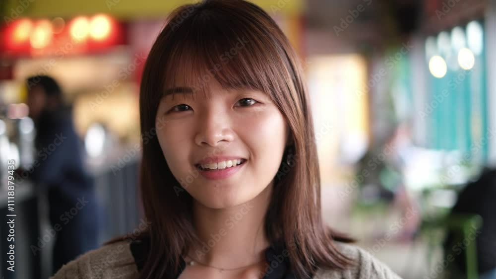 Young woman smiling with blurred restaurant background Young woman smiling with blurred restaurant background