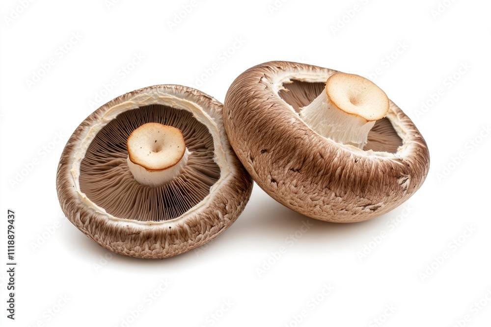 Two mushroom caps close up against white background. Two mushroom caps close up against white background.