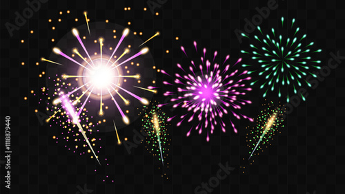 Fireworks of colorful sparks and bright flashes transparent background. Holiday Wedding Festival Design for Birthday Card Poster advertising. Vector