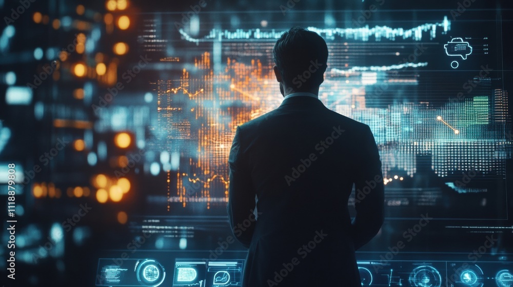 Businessman Analyzing Data on Futuristic Screen Businessman Analyzing Data on Futuristic Screen