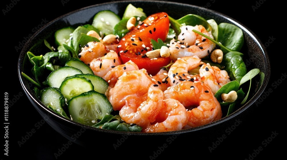 Fresh shrimp salad with vegetables and nuts in a dark bowl. Fresh shrimp salad with vegetables and nuts in a dark bowl.
