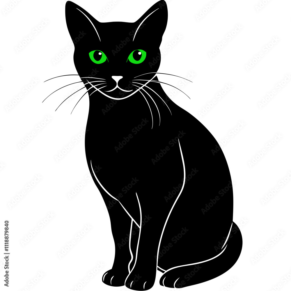 Fototapeta premium Elegant black cat illustration with green eyes, modern wall decor.