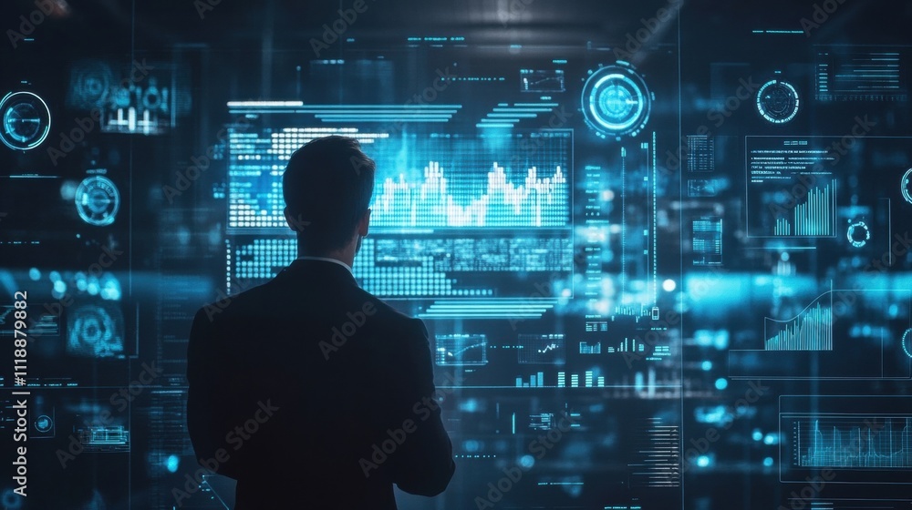 Businessman Analyzing Data on Futuristic Interface Businessman Analyzing Data on Futuristic Interface