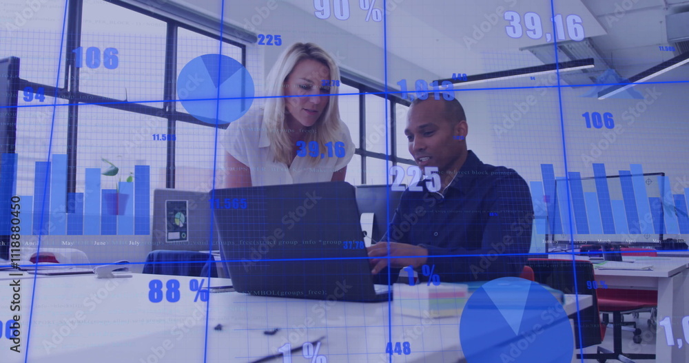 Image of financial data processing over diverse business people in office Image of financial data processing over diverse business people in office