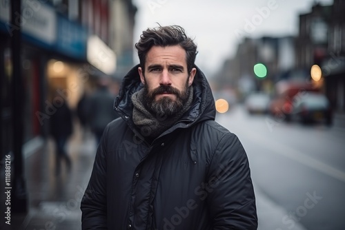 young handsome bearded hipster man with long beard and moustache in black jacket on urban background