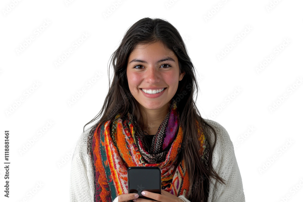A Latin American woman smiling while using a smartphone. A Latin American woman smiling while using a smartphone.
