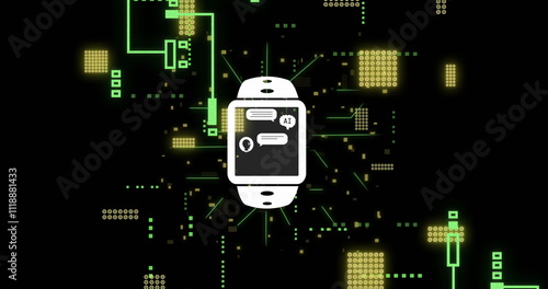 Image of ai data processing over smartwacth and computer circuit board