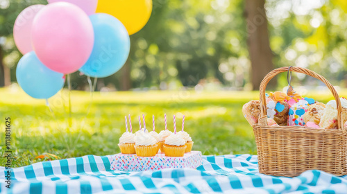 Fototapeta Naklejka Na Ścianę i Meble -  cheerful outdoor birthday picnic with cupcakes, balloons, and wicker basket
