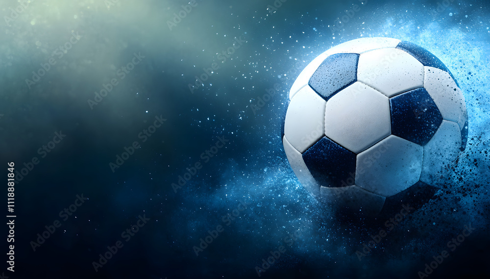 Fototapeta premium A black and white soccer ball on the right side of an empty dark background with light rays coming from behind.